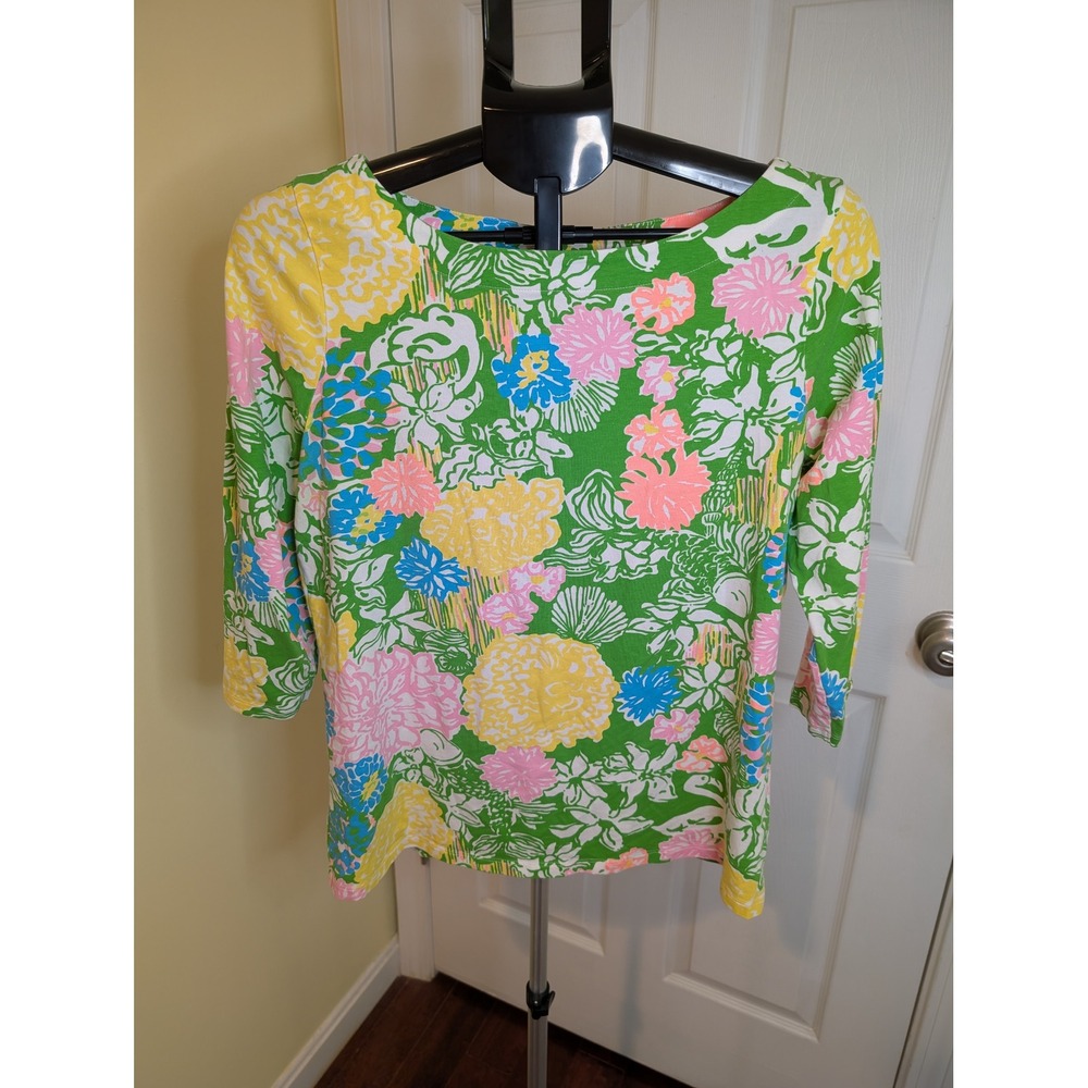 Lilly Pulitzer Boatneck Top Hibiscus Stroll Floral 3/4 Sleeve Knit - Size L - Picture 1 of 6